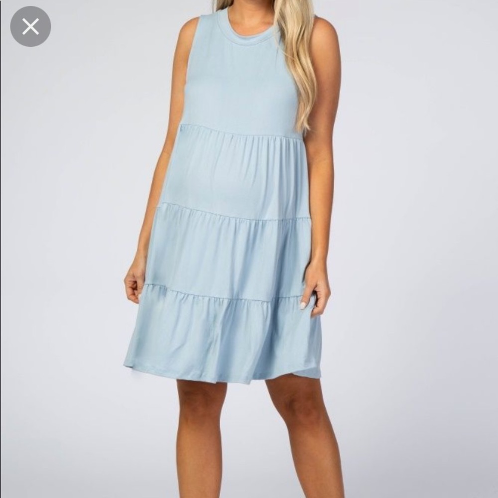 Light Blue Soft Knit Pleated Tiered Sleeveless Maternity Dress